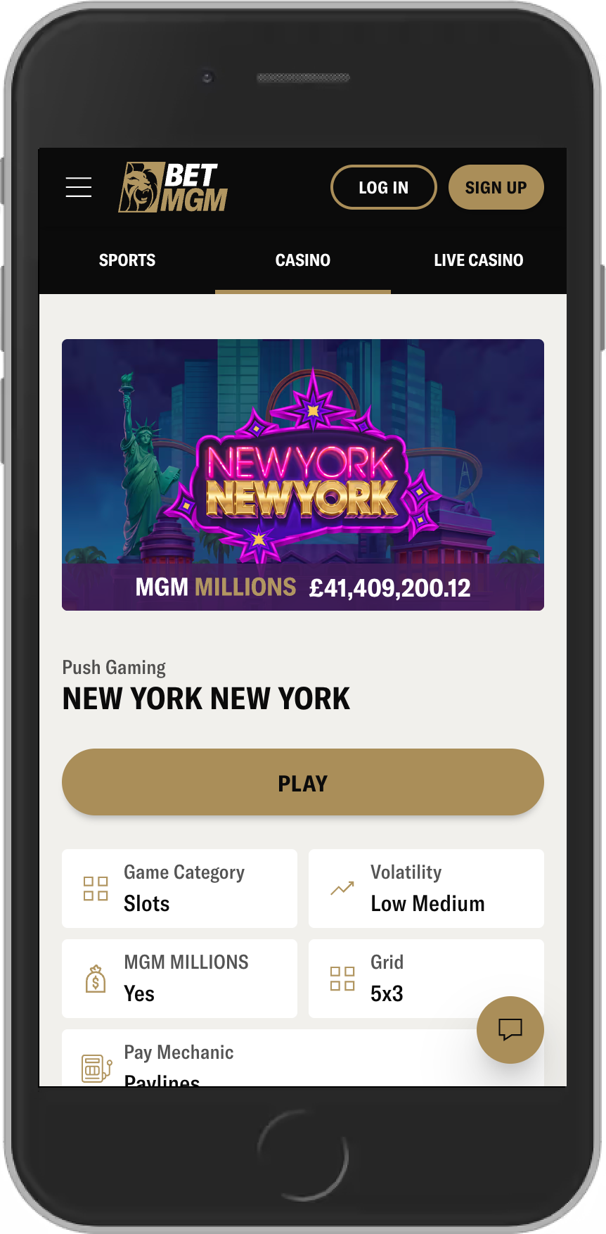 New York New York game page on BetMGM mobile